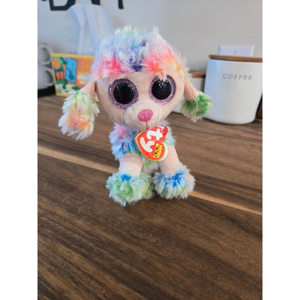 Ty Beanie Boos Rainbow the Poodle Multicolor Plush Dog with Glitter Eyes 6 inch